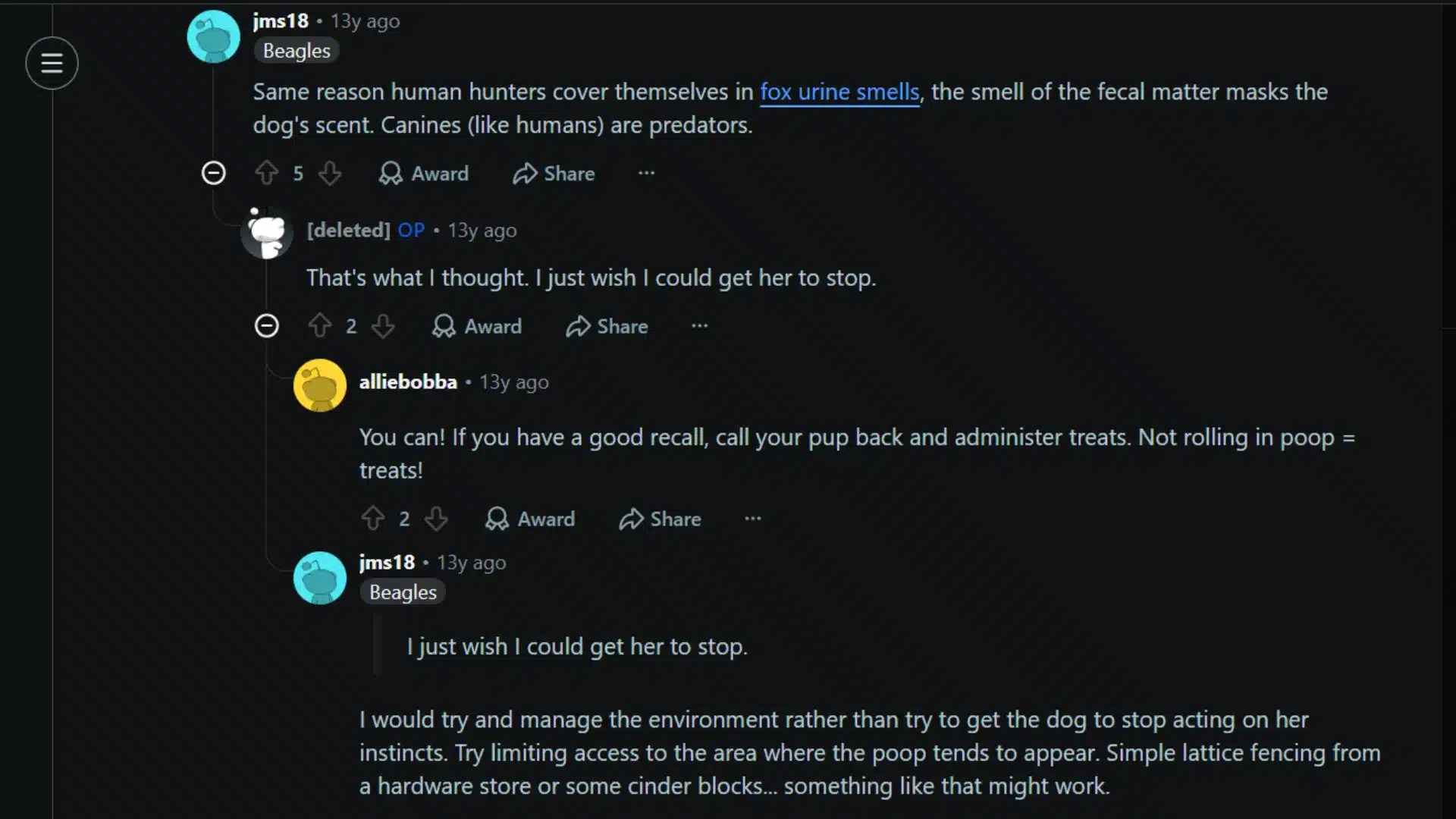 Reddit discussion about why dogs roll in poop