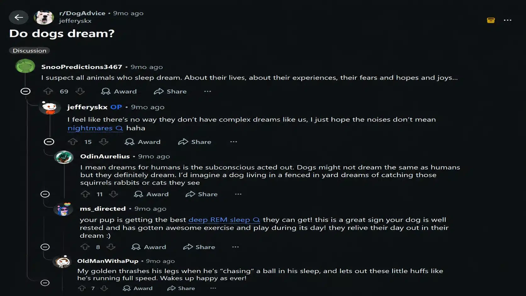 reddit discussion showing dog owners sharing experiences and opinions about dogs dreaming, sleep behavior, and nightmares