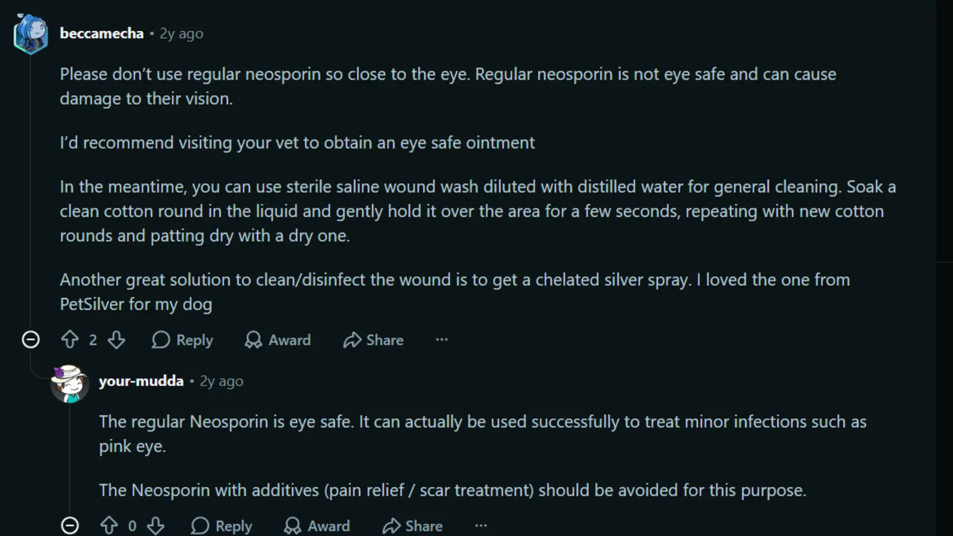 Reddit forum discussion about using Neosporin near a dog's eye