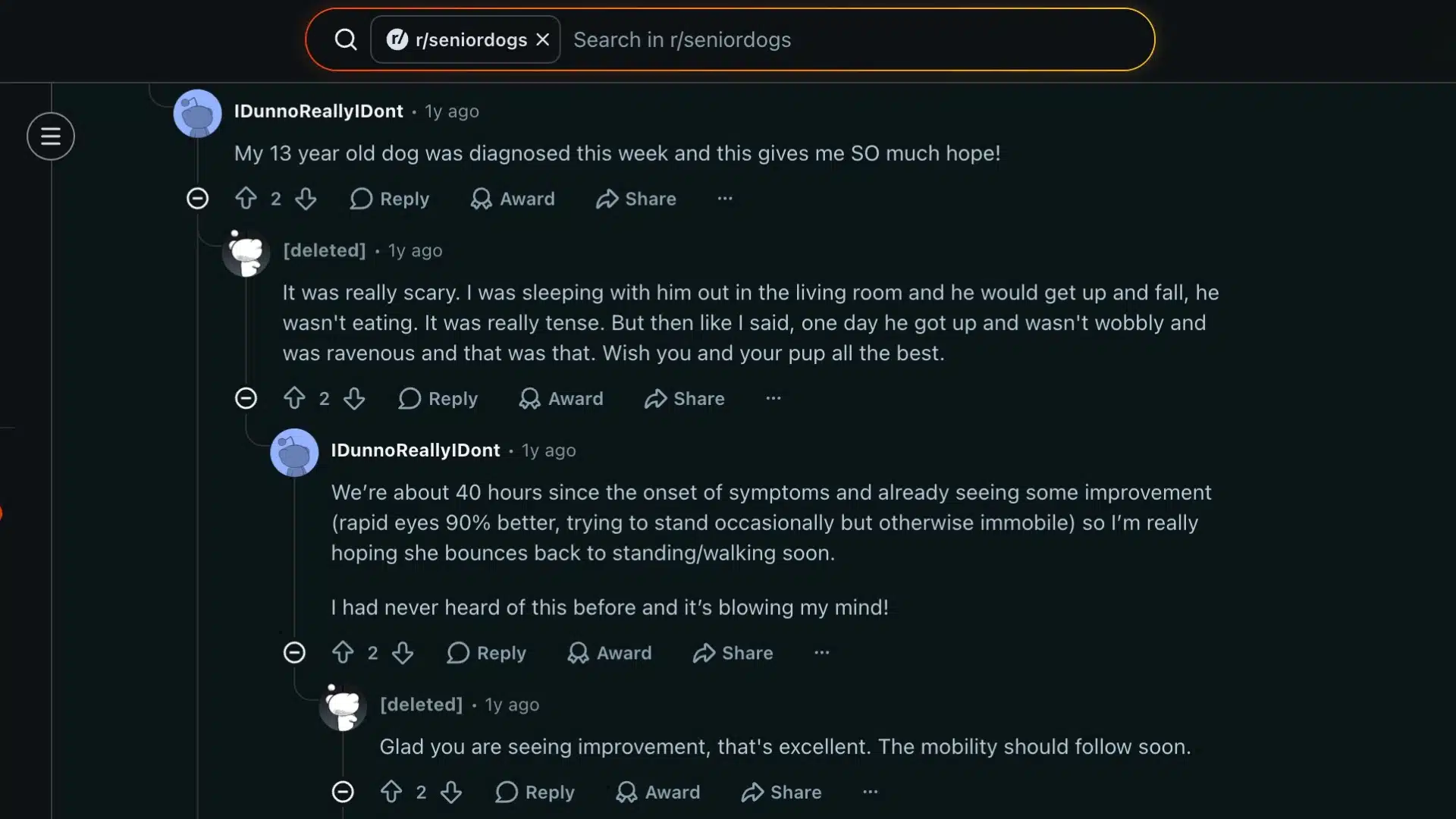 Reddit thread where senior dog owners share fear, hope, and recovery after vestibular disease symptoms