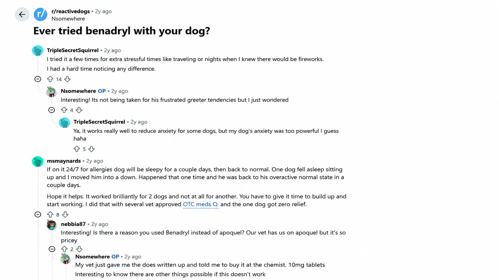 reddit discussion showing dog owners sharing experiences with benadryl for allergies sleepiness and anxiety