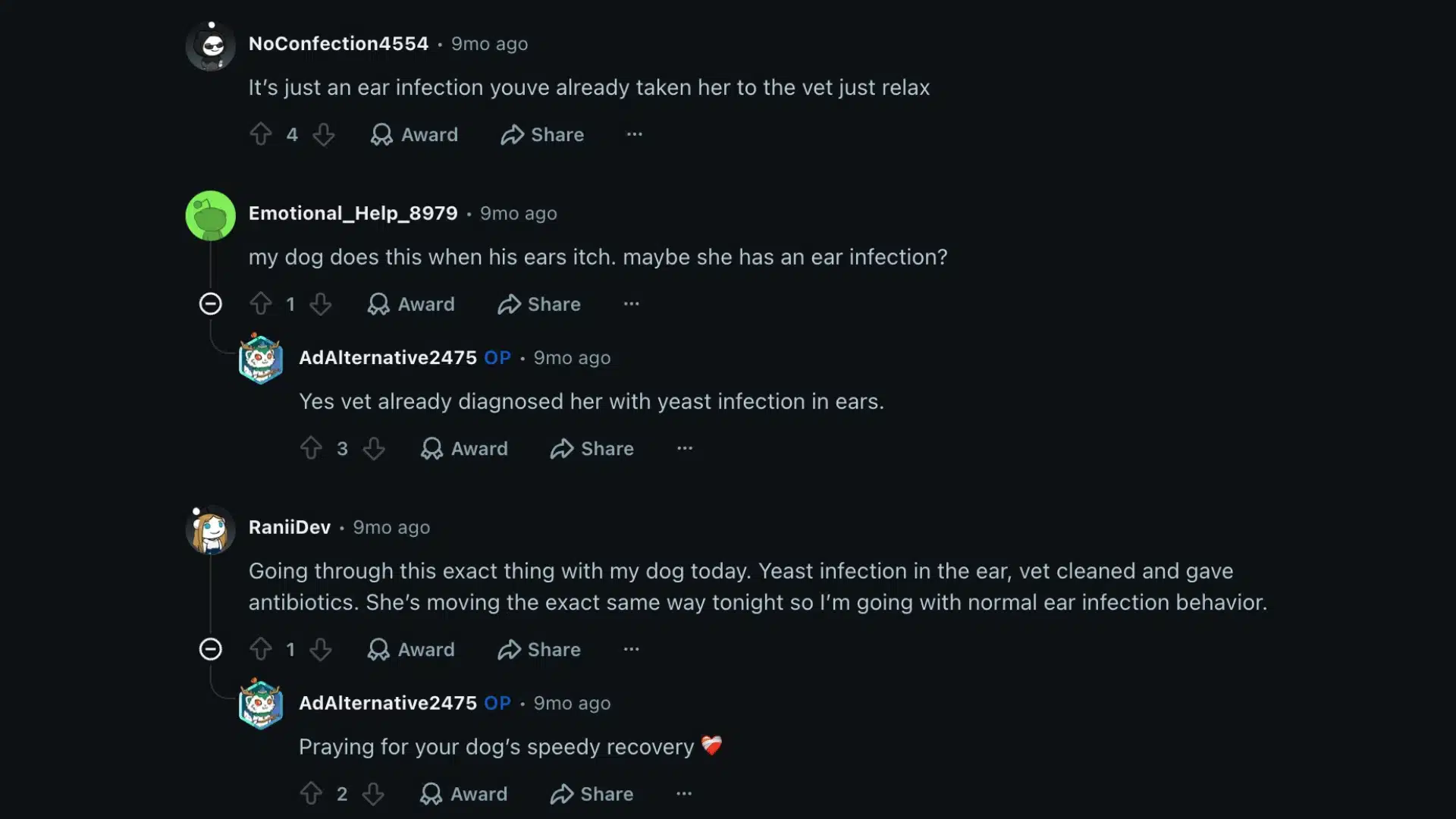 Reddit thread showing users discussing dog ear infections and yeast infection diagnosis with vet experiences