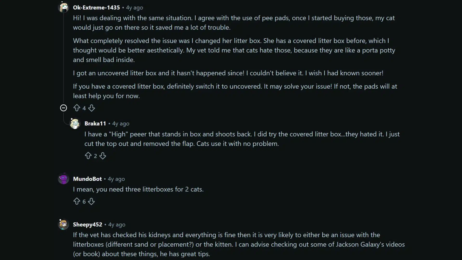 Reddit thread users suggest uncovered litter boxes, pee pads, and extra boxes to stop cat accident