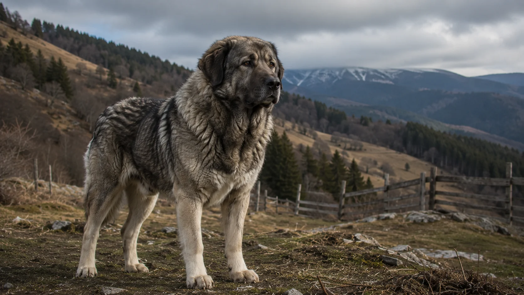 romanian carpathian shepherd standing on rugged mountain farmland