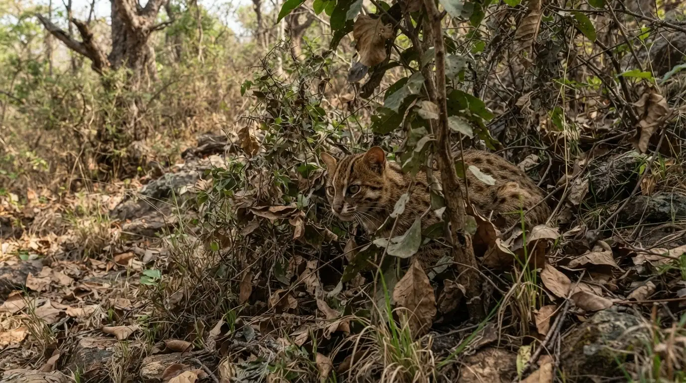 rusty spotted cat hidden among dry forest vegetation in natural habitat