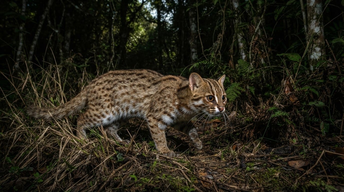 rusty spotted cat hunting at night through dense forest habitat
