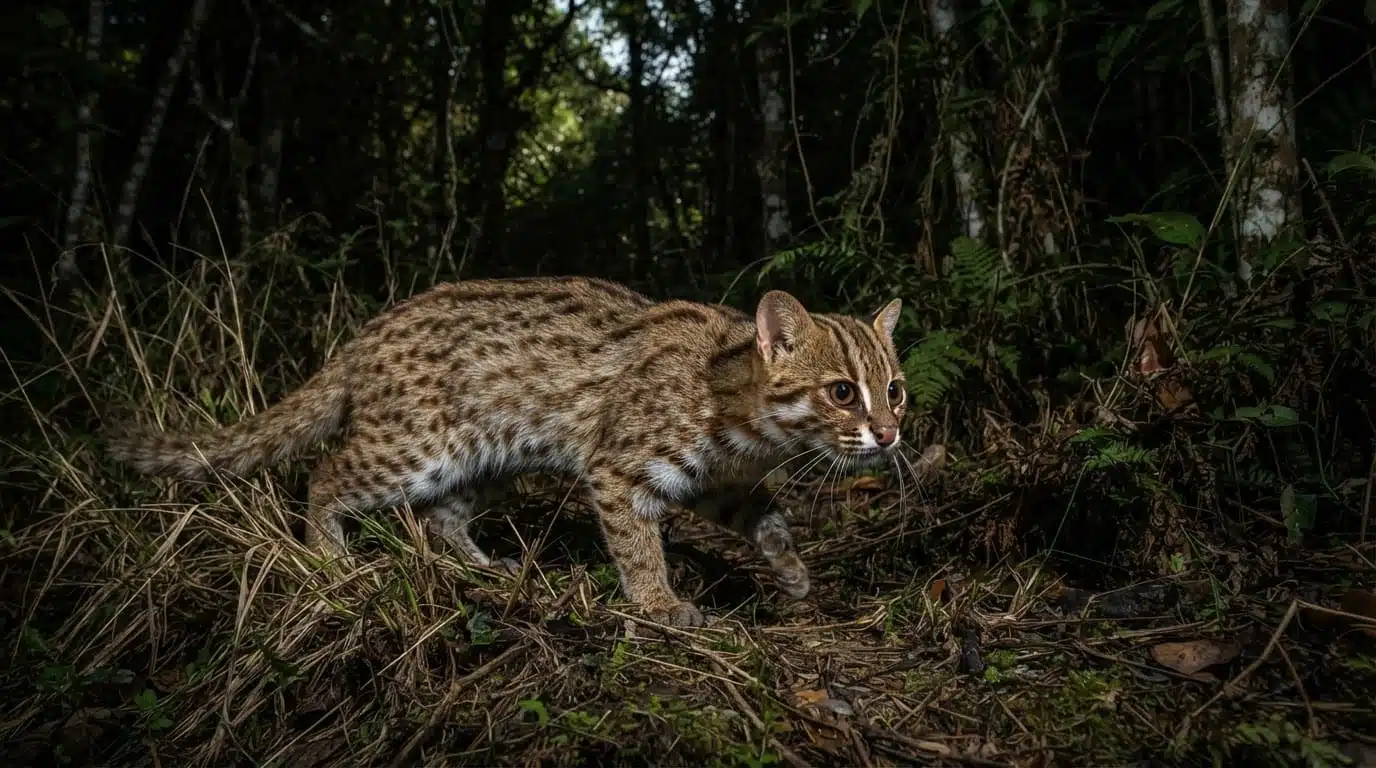 rusty spotted cat hunting at night through dense forest habitat