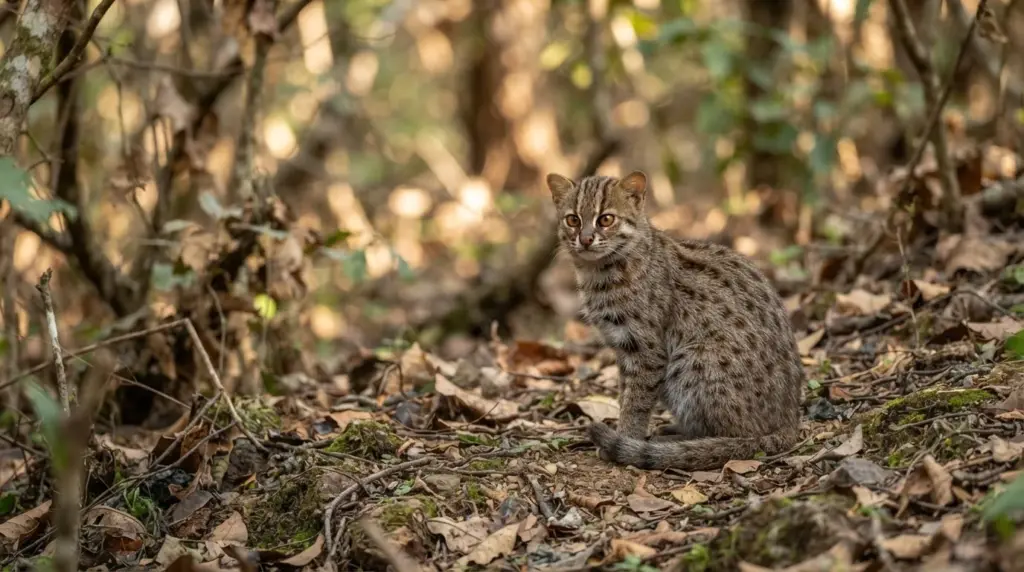 rusty spotted cat sitting in forest showing its tiny size and spotted coat