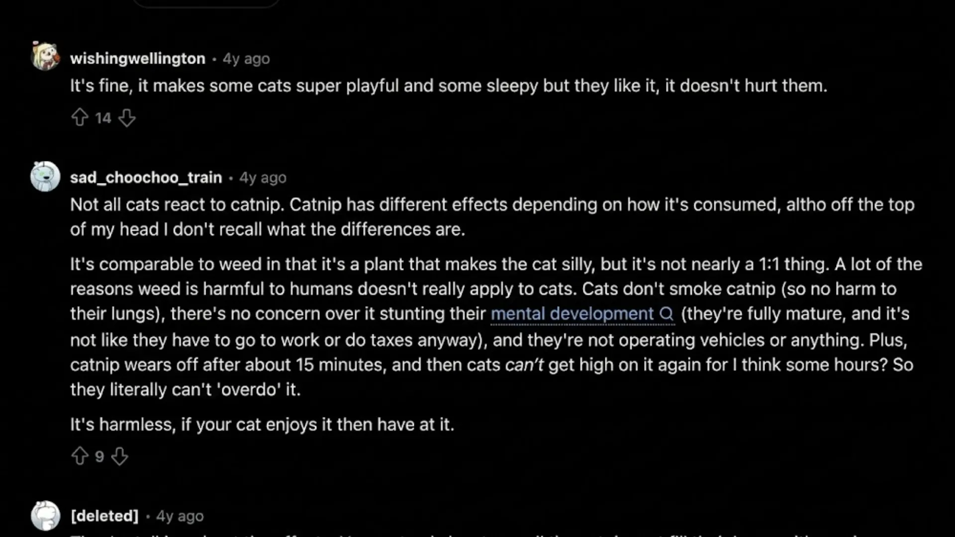Screenshot of Reddit users discussing catnip safety, effects, and reactions in cats on a CatAdvice thread