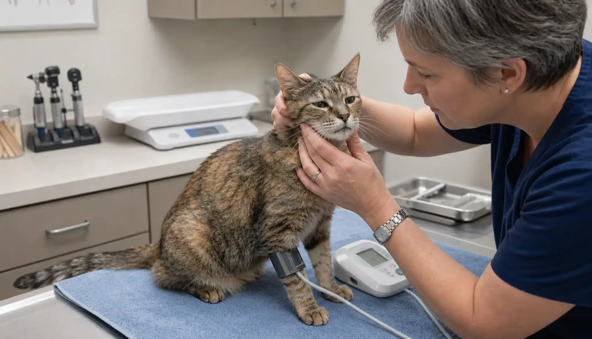 senior cat receiving a careful veterinary exam for health conditions linked to increased vocalization (1)