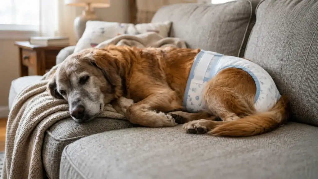 Senior dog wearing a diaper resting comfortably on a living room couch