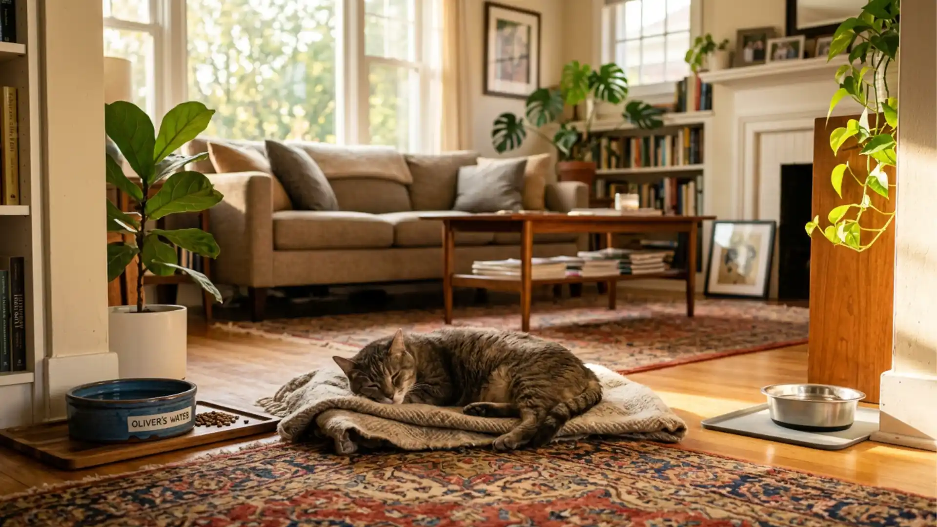 Senior cat near multiple water bowls placed around the home
