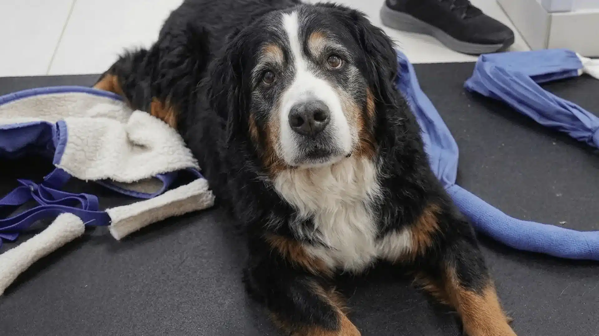 Senior dog resting on a vet clinic floor with support towels nearby