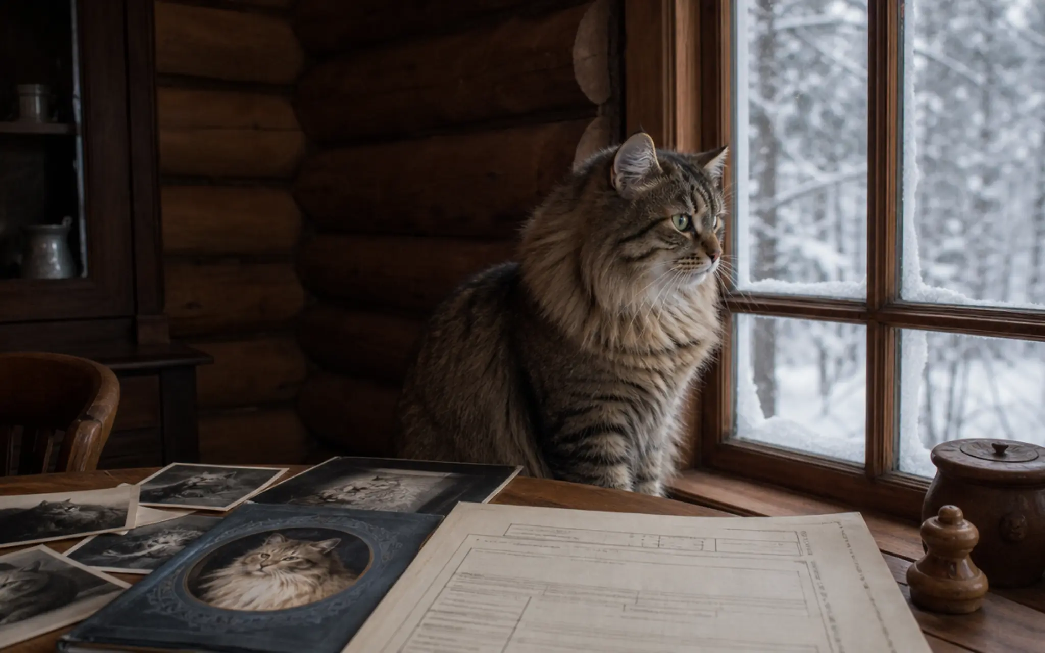 siberian cat in a rustic russian home beside archival photographs and pedigree records