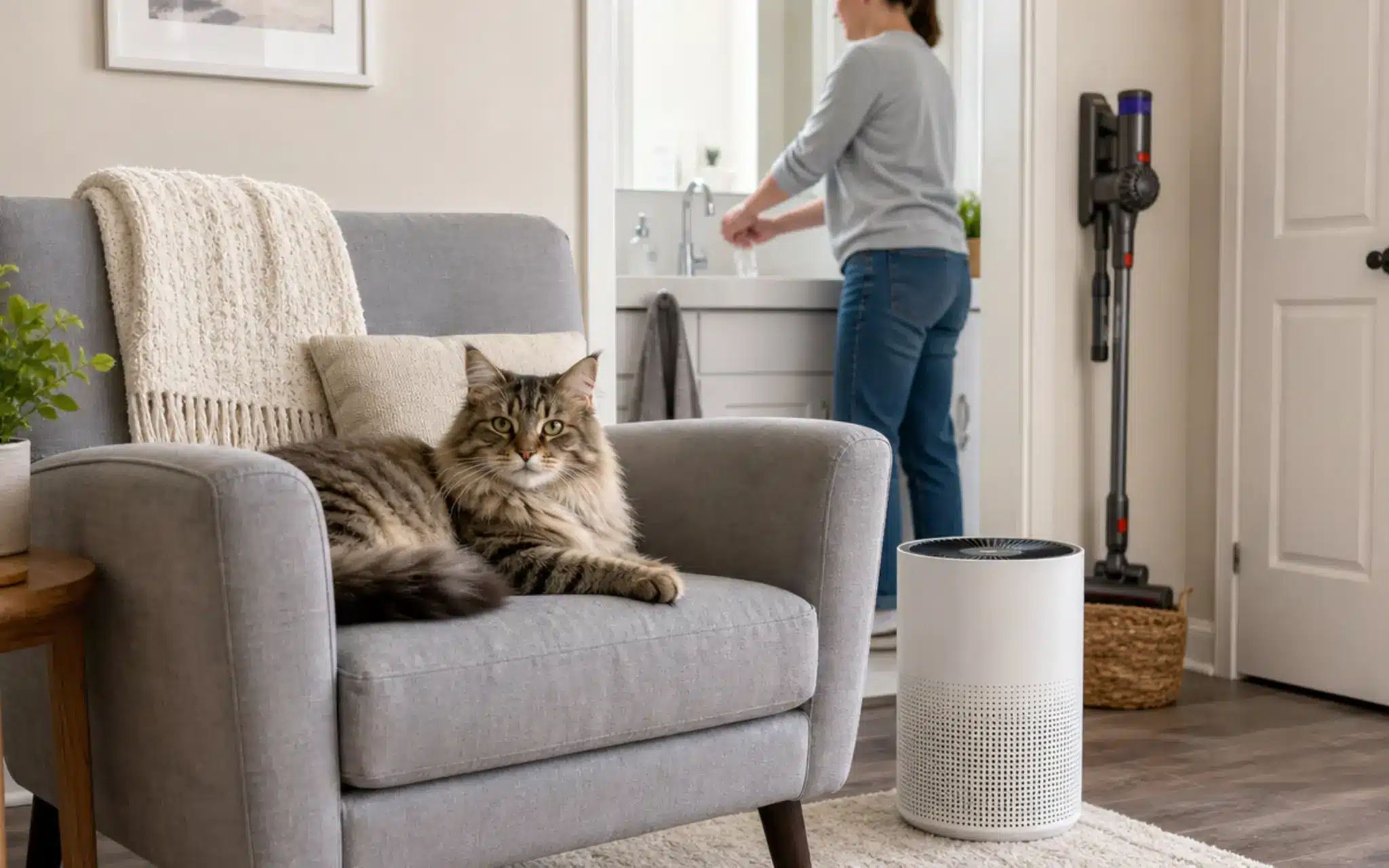 siberian cat near a hepa air cleaner while an owner follows steps to reduce allergen exposure