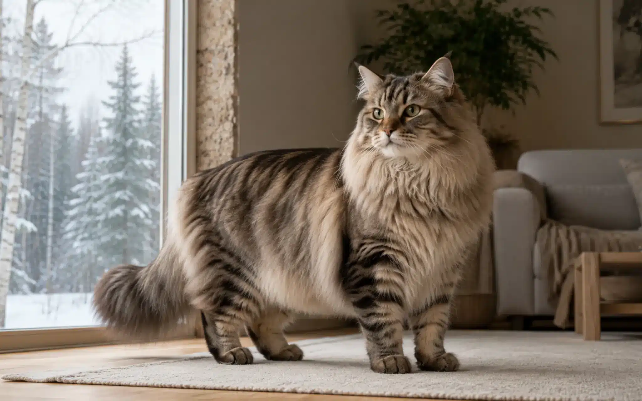 siberian forest cat standing in a warm home with a snowy russian woodland visible outside