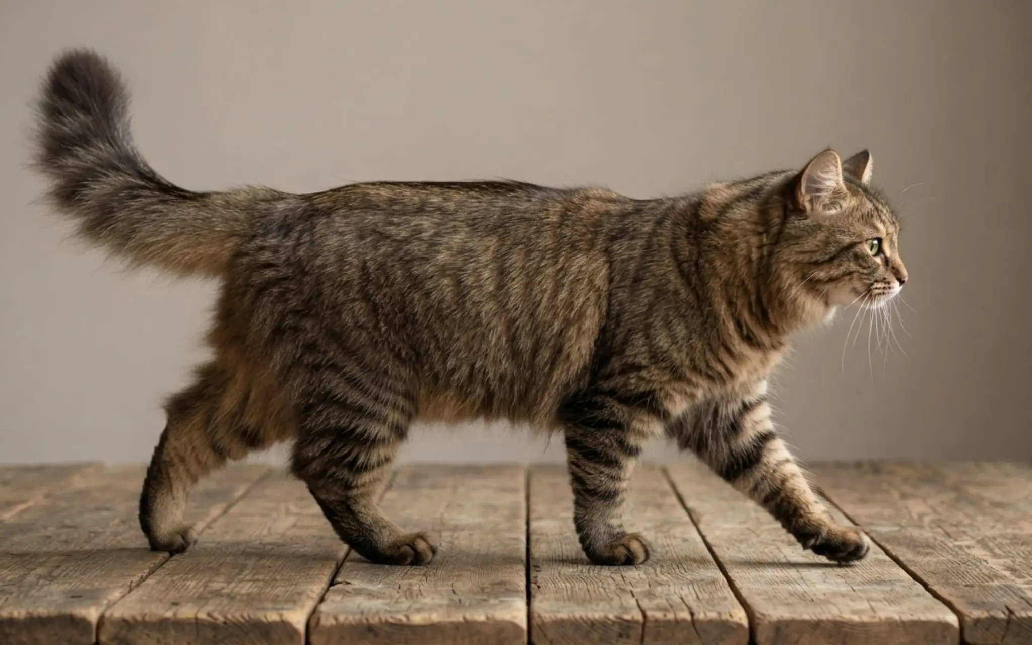 side view of a muscular siberian cat showing its barrel body strong legs and bushy tail