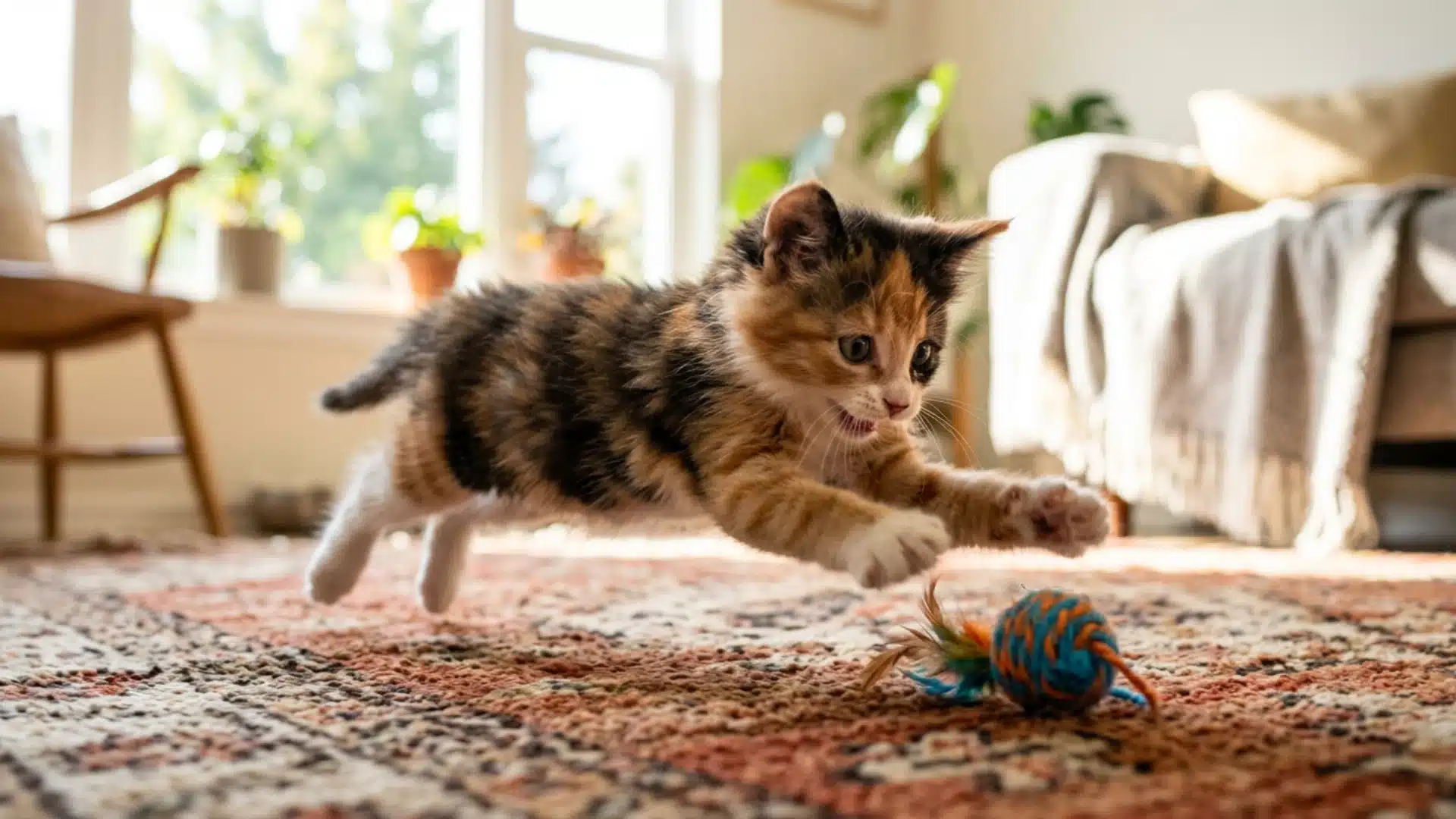 Six week old kitten pouncing playfully on a toy showing coordinated mobility