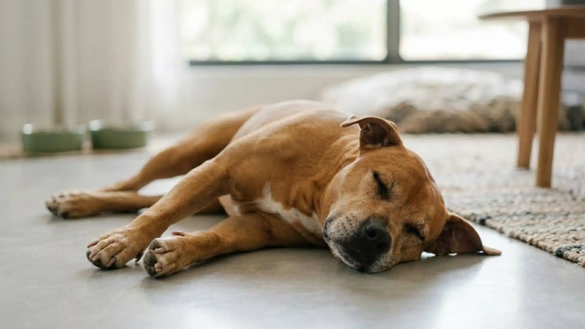 Sleeping brown dog resting on a floor in a bright home with a calm, relaxed body posture