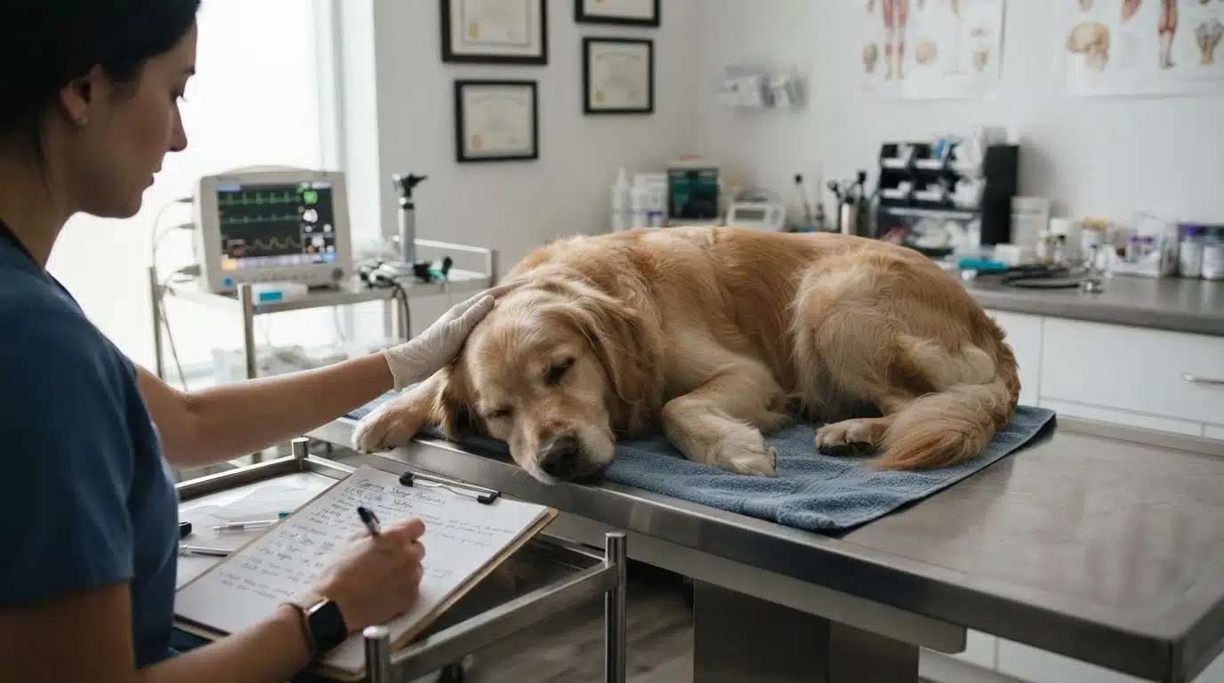 sleeping dog on a veterinary exam table with hands reviewing canine sleep patterns and health notes