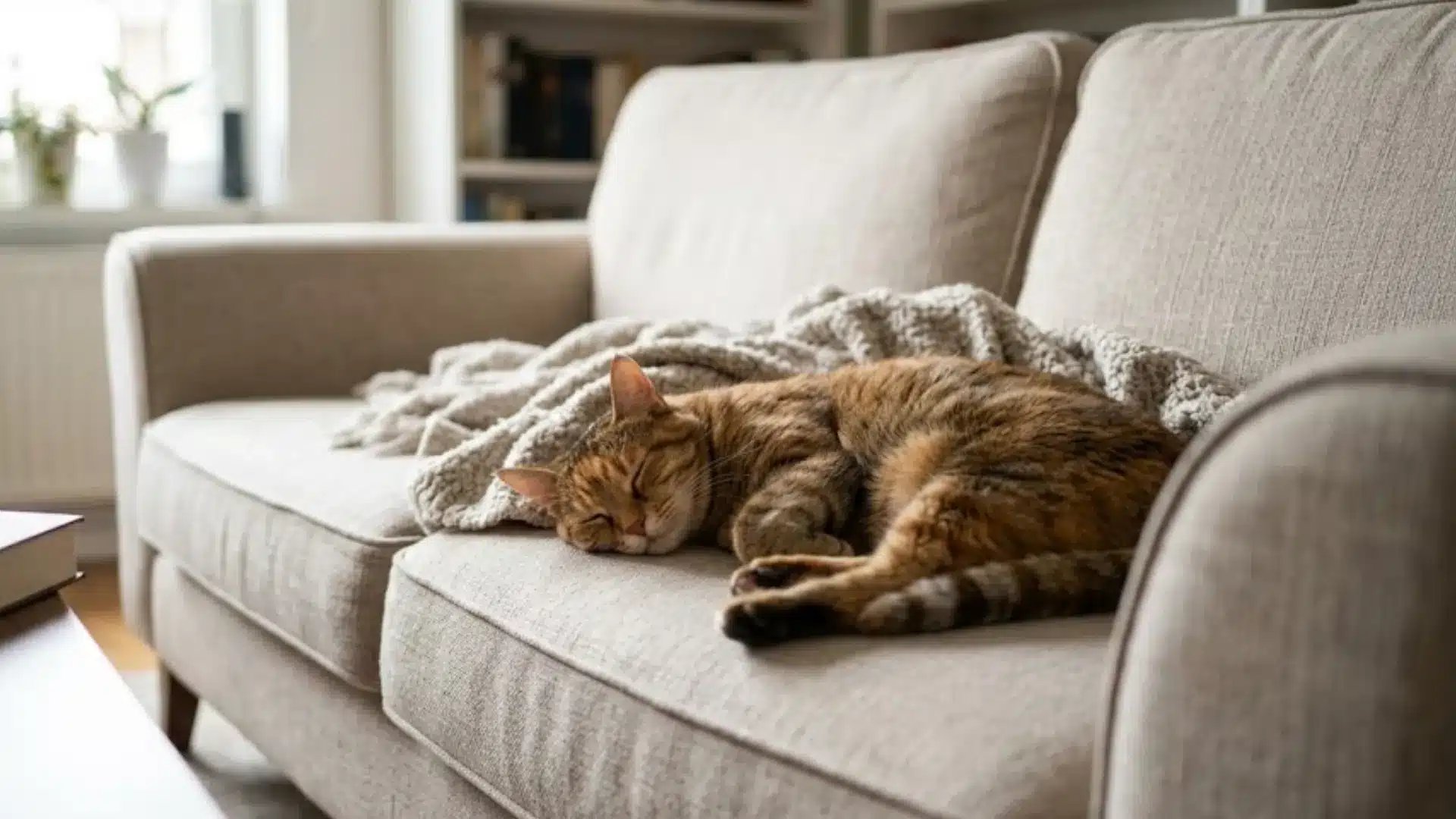 Sleeping tabby cat resting on a beige sofa in a cozy living room