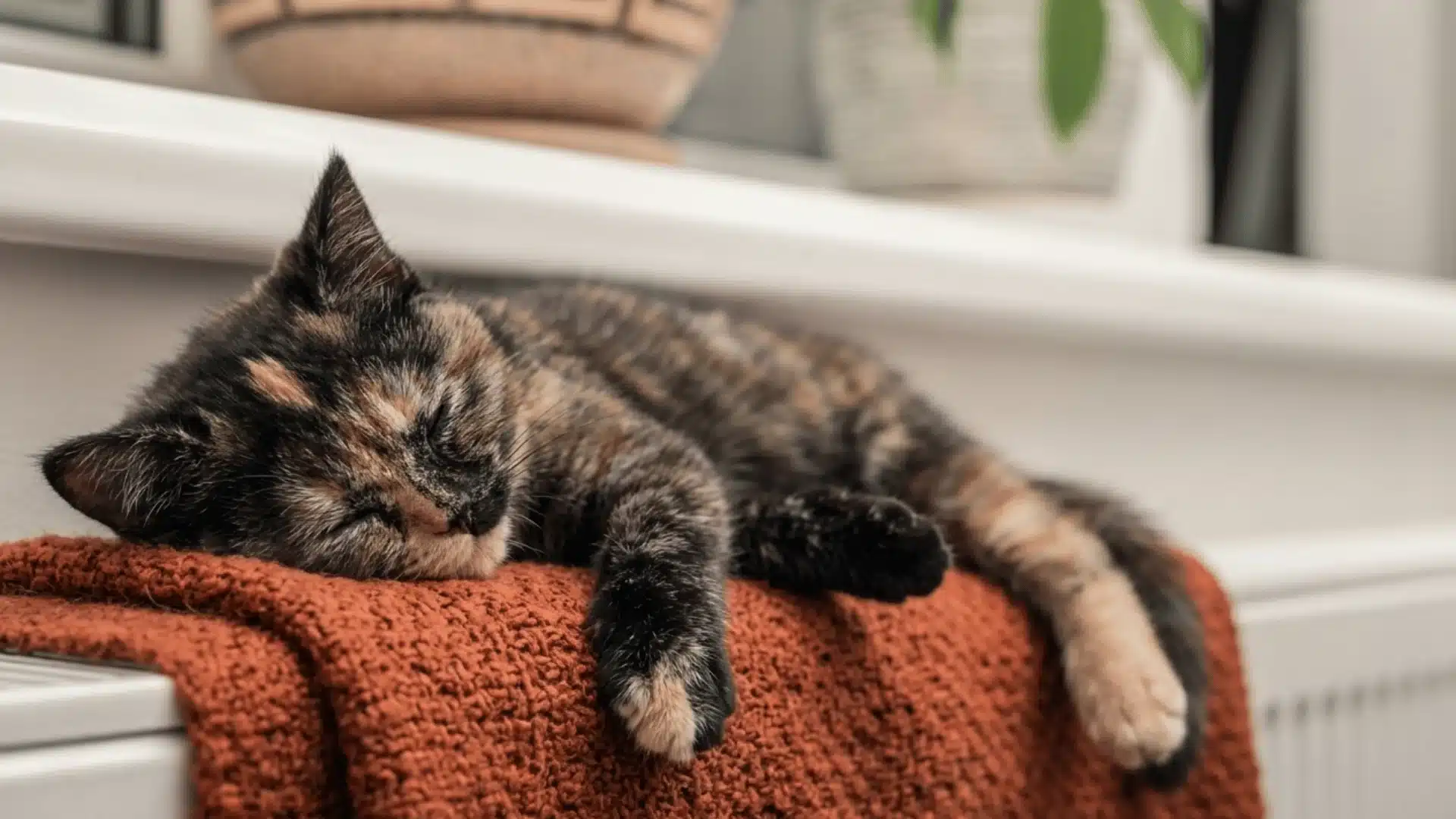 Sleeping tortoiseshell cat resting peacefully on a knitted blanket by a sunny window inside a cozy home