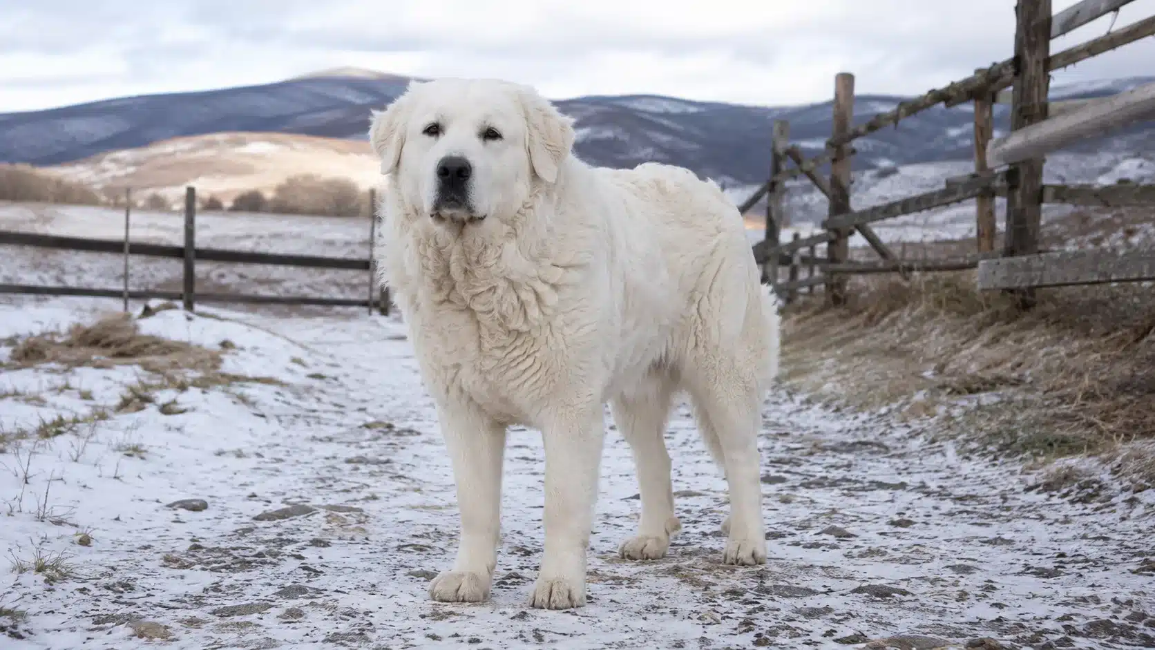 slovak cuvac standing on a cold rural farm path in winter light