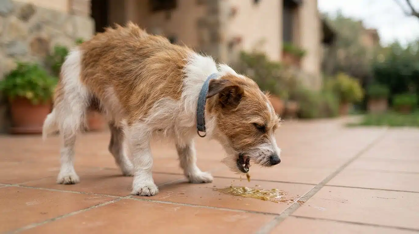 small brown and white dog vomiting on a tiled patio after experiencing digestive discomfort
