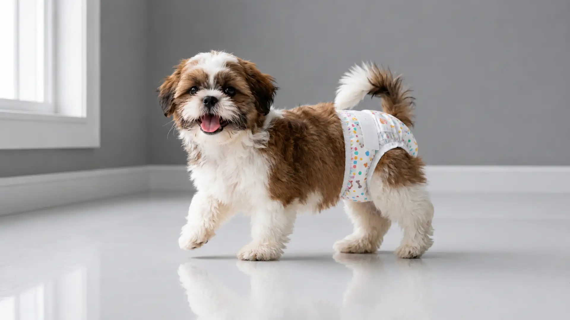 Small puppy wearing a reusable dog diaper in a modern indoor room