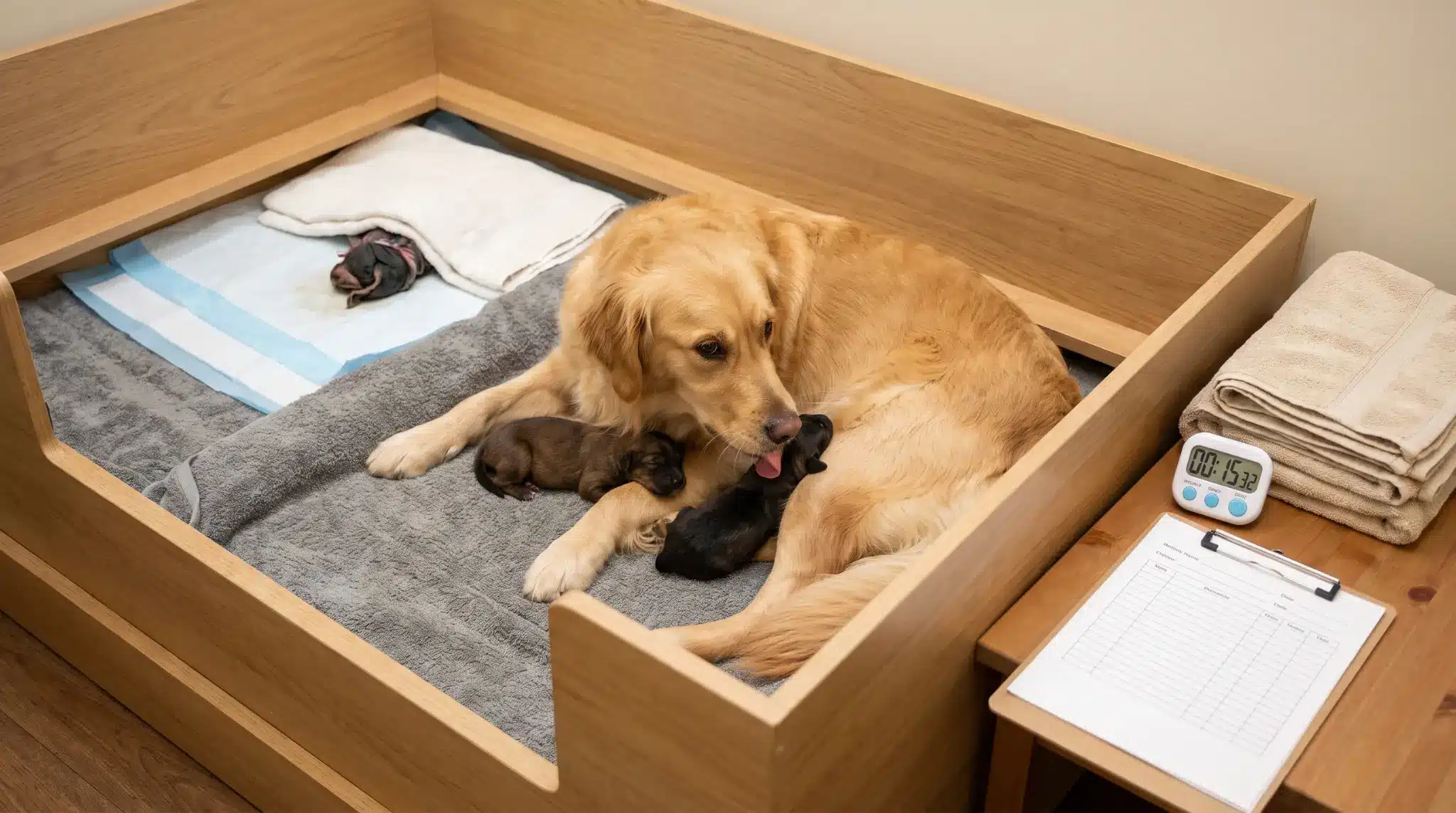 stage three of dog birth shown with newborn puppies and a discreet placenta in a clean whelping box