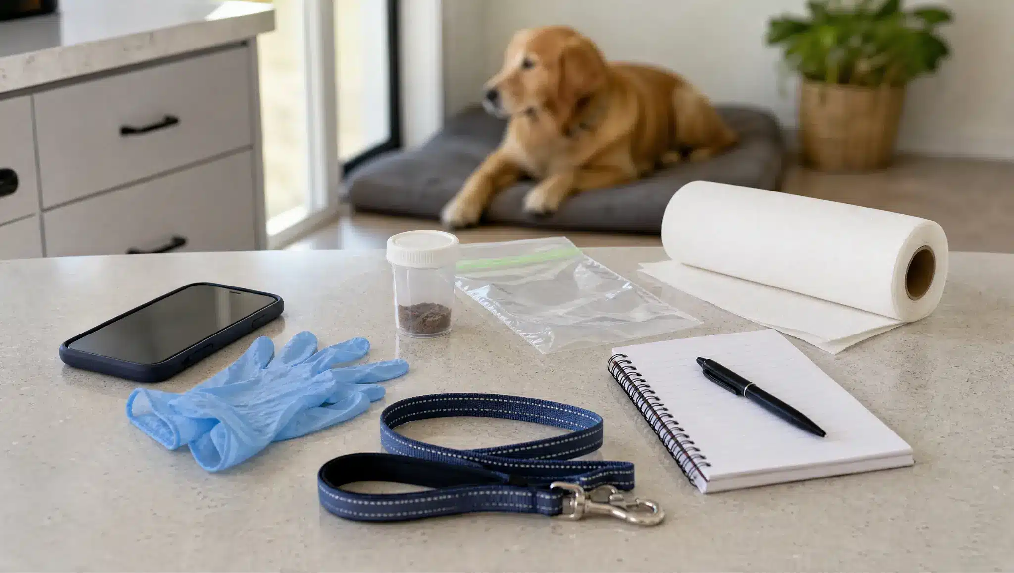 stool sample kit and phone prepared for a vet call after blood in dog stool signs