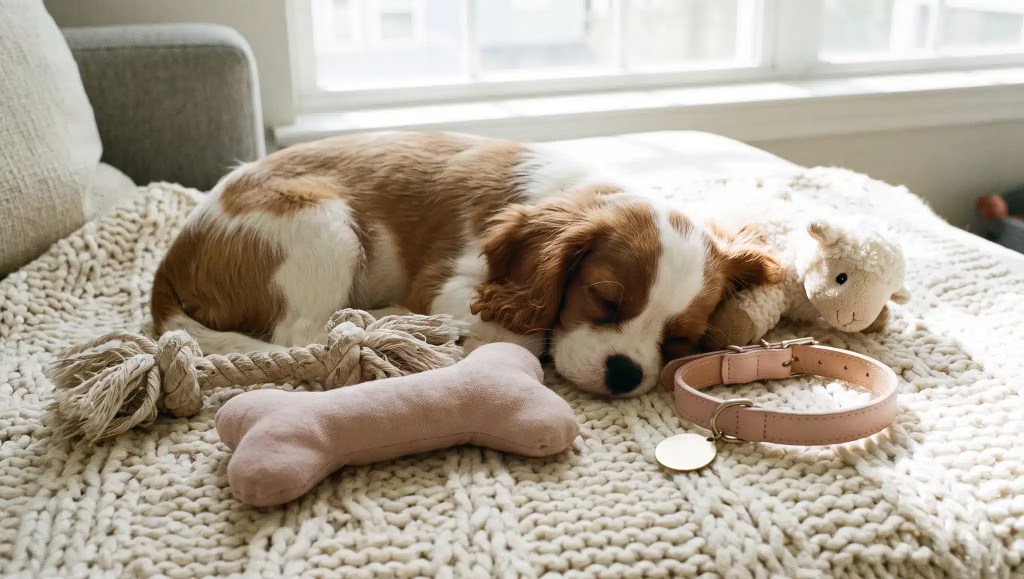sweet female puppy on a soft blanket with toys for cute girl dog names
