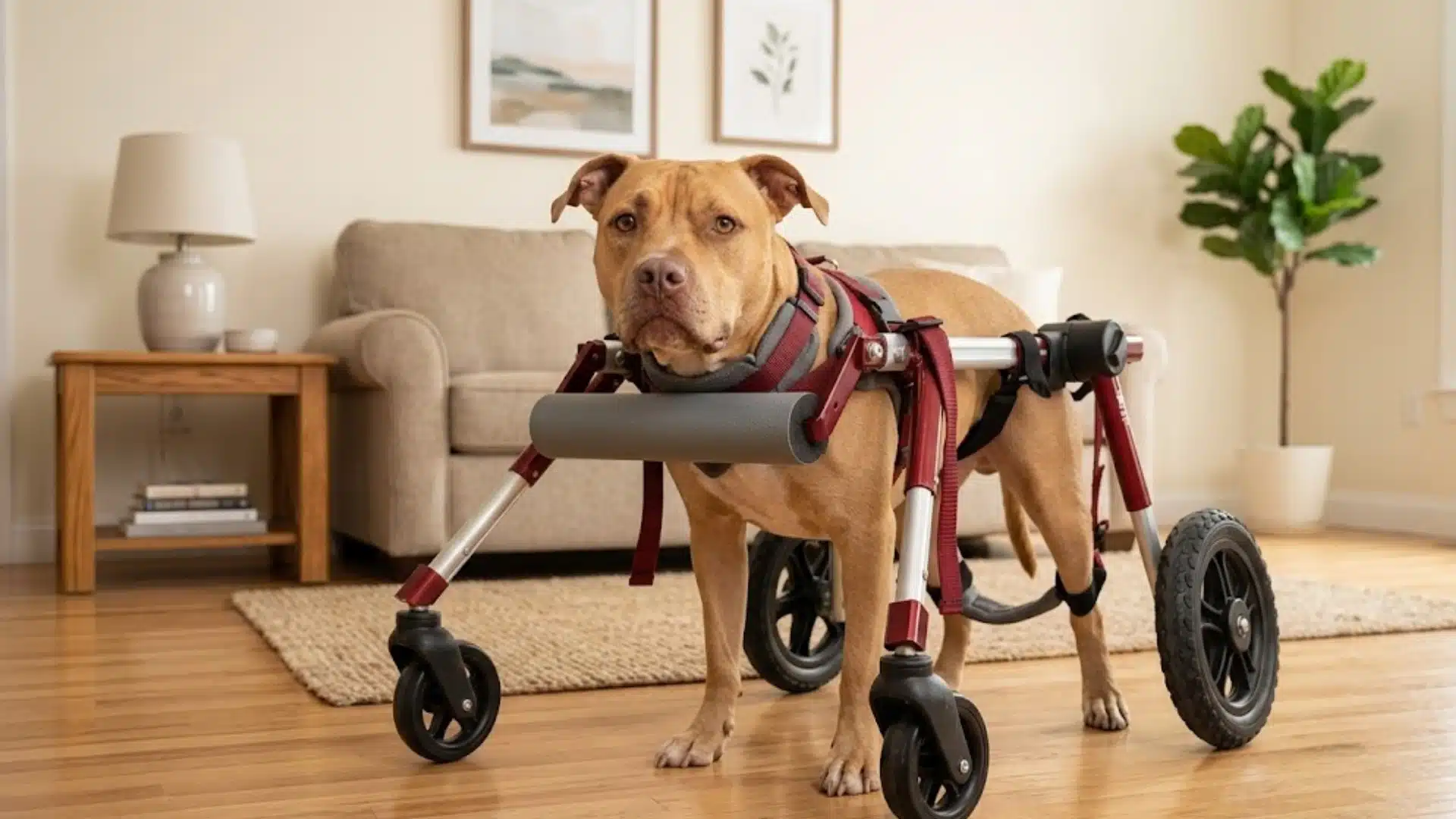 Tan dog using a mobility wheelchair indoors, showing support during balance or recovery issues