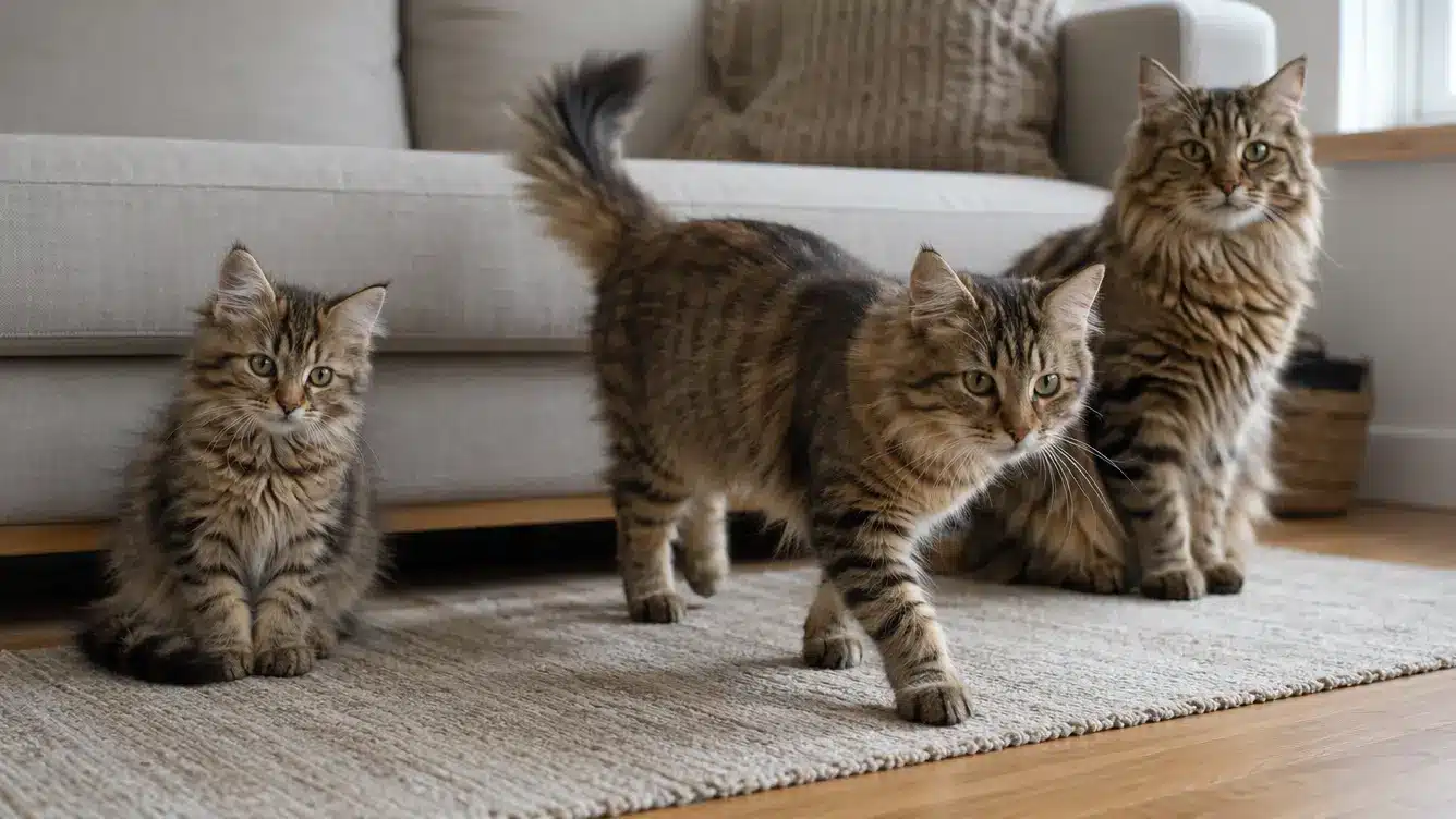 three siberian forest cats at kitten adolescent and adult growth stages beside a sofa in a bright home