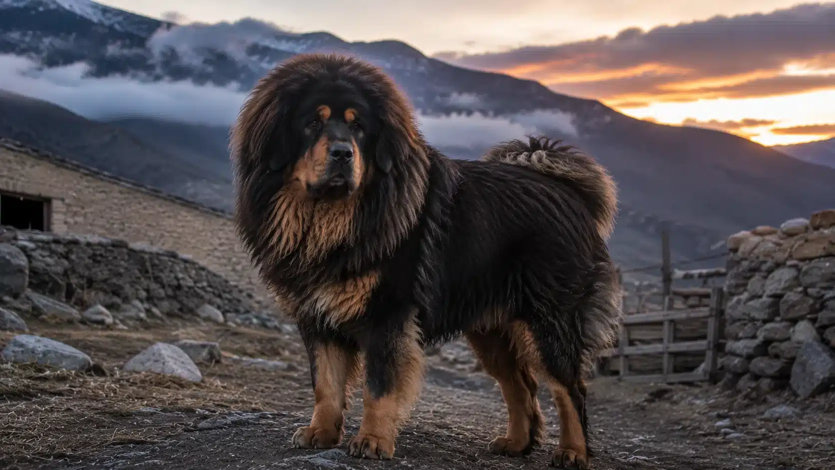 tibetan mastiff standing on a cold mountain farm at dusk