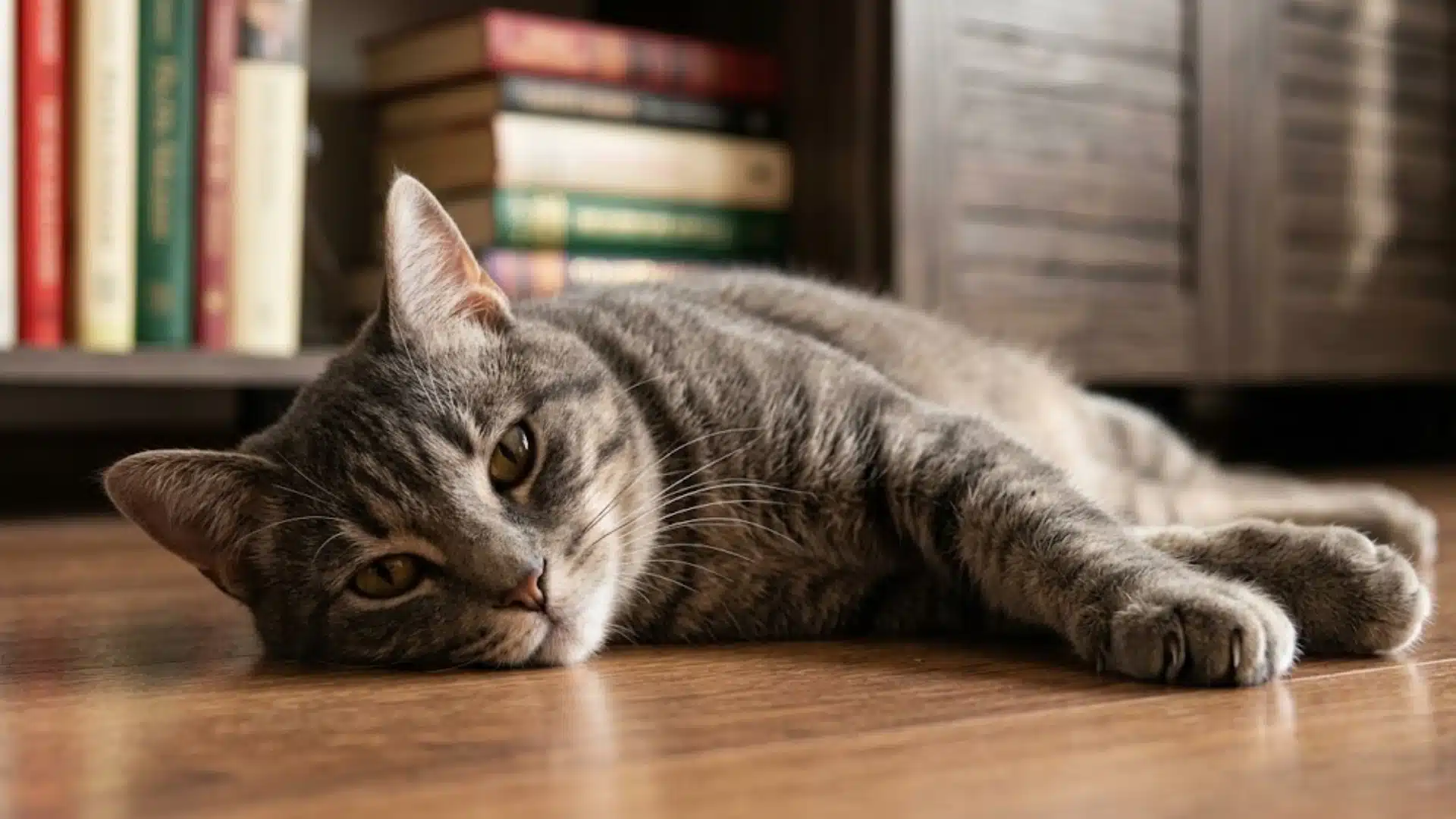 Tired gray tabby cat lying on wooden floor near books, showing possible dehydration or weakness
