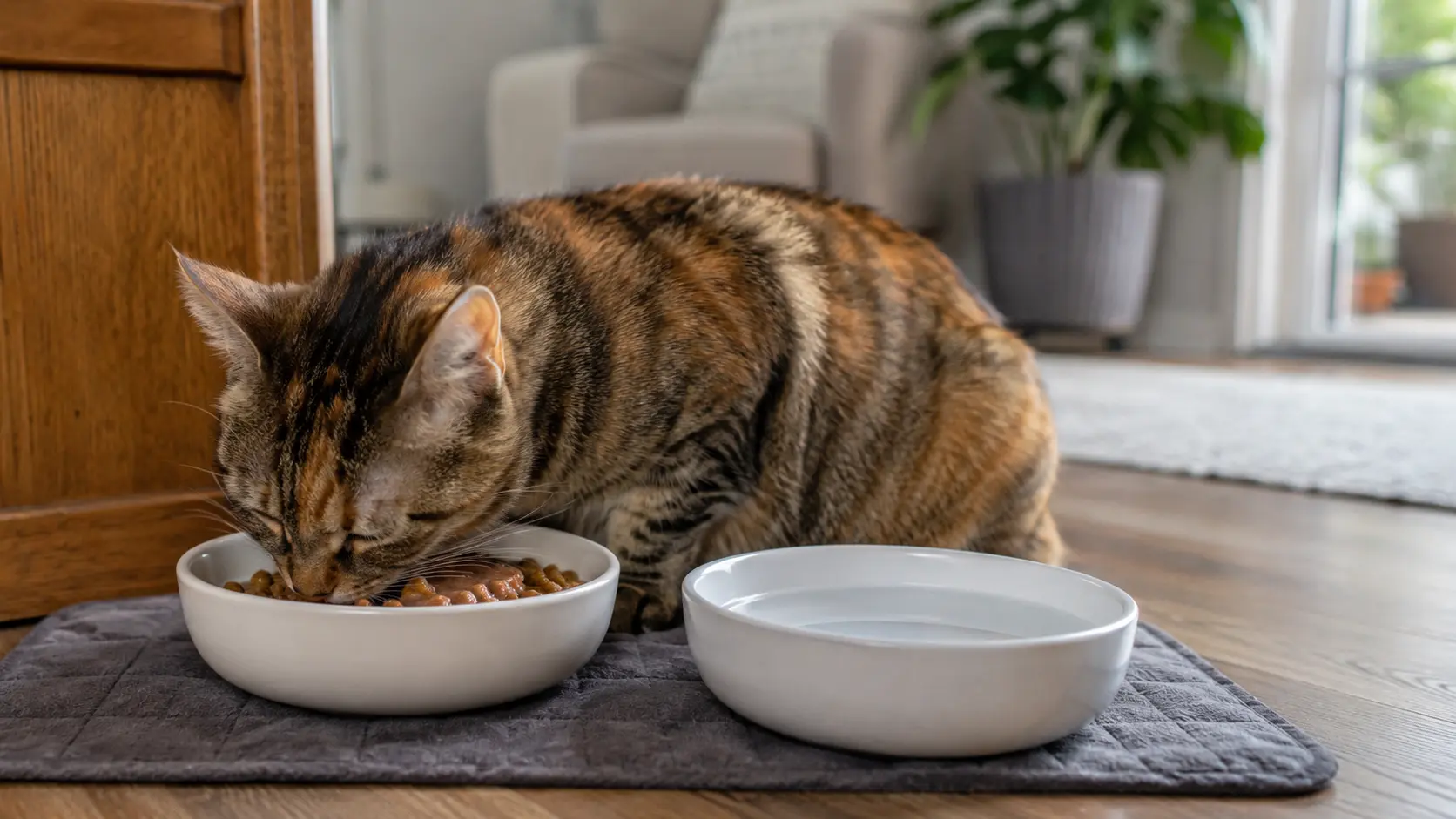 torbie cat eating nutritious food from a white bowl beside a water dish in a cozy home