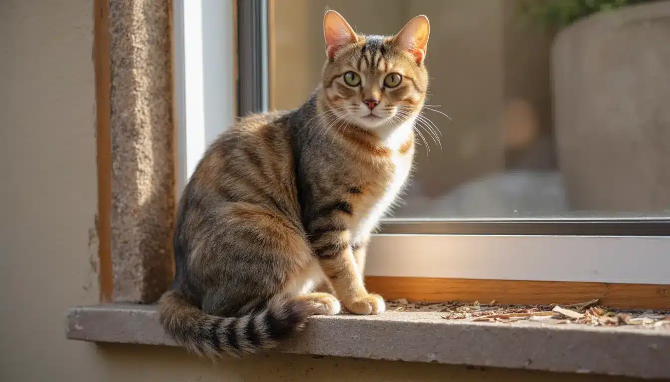 torbie cat with tabby and tortoiseshell markings sitting near a window indoors