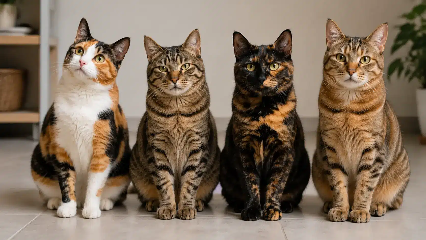 torbie tabby tortoiseshell and calico cats showing different coat patterns side by side