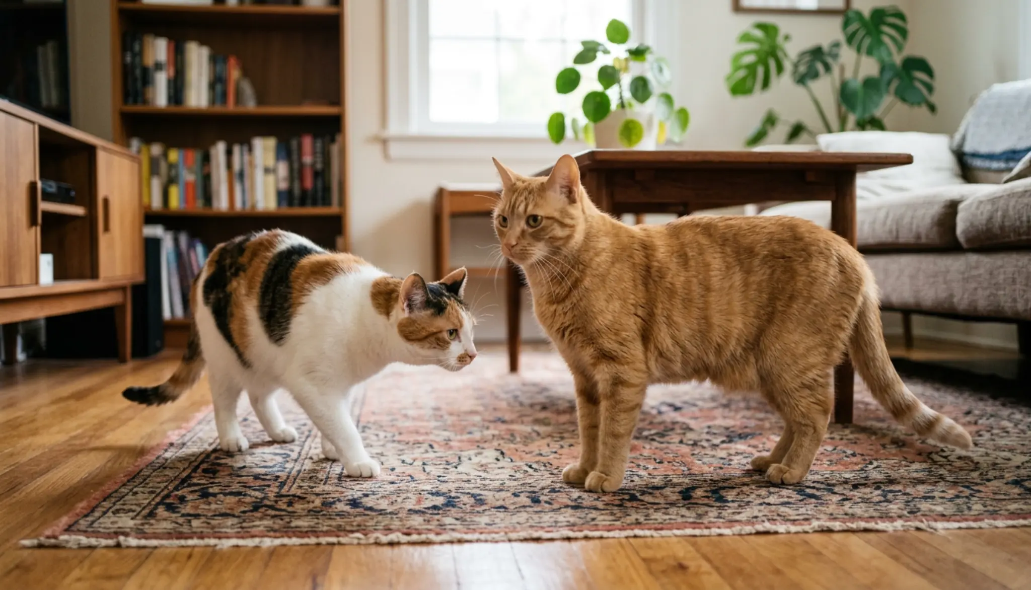 two adult cats communicating through posture scent and vocal signals in a calm shared room