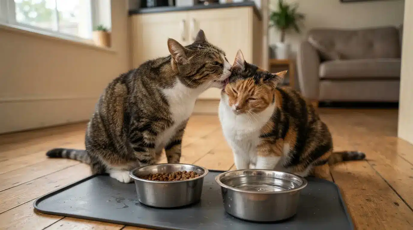 two cats interacting closely showing how feline leukemia virus can spread between cats
