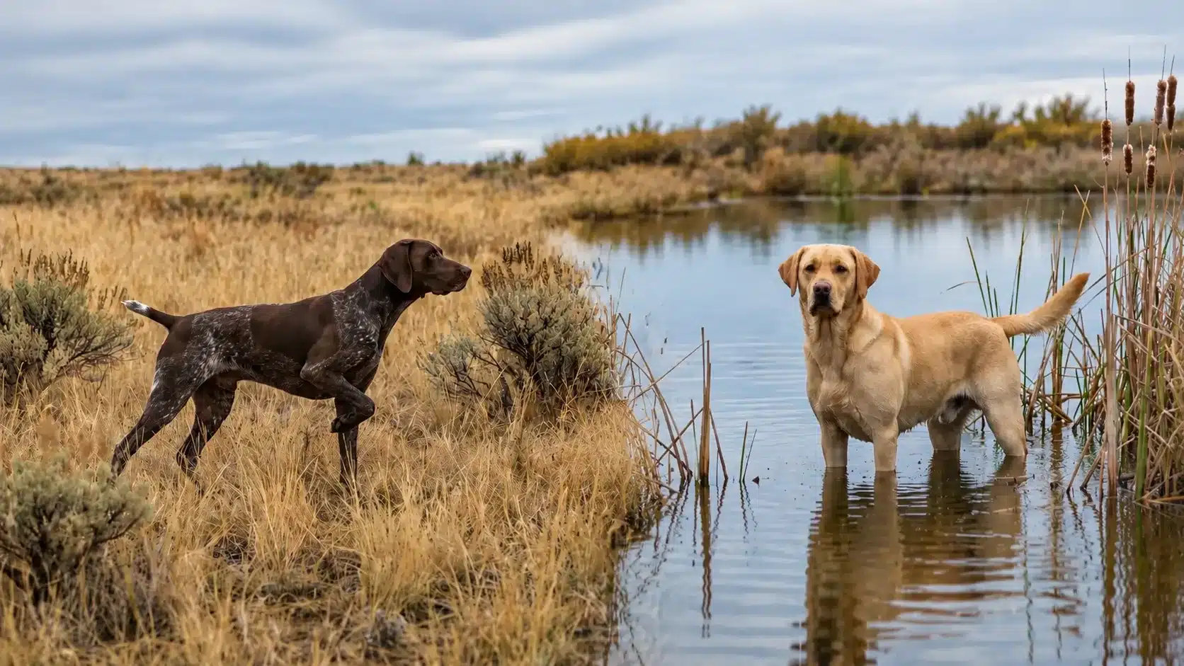 two dogs standing outdoors with one in grass and another in shallow water near a natural wetland landscape