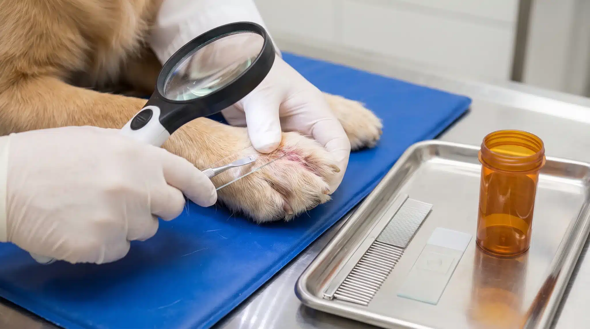 vet checking a red itchy dog paw for mites and parasites using a skin scraping test