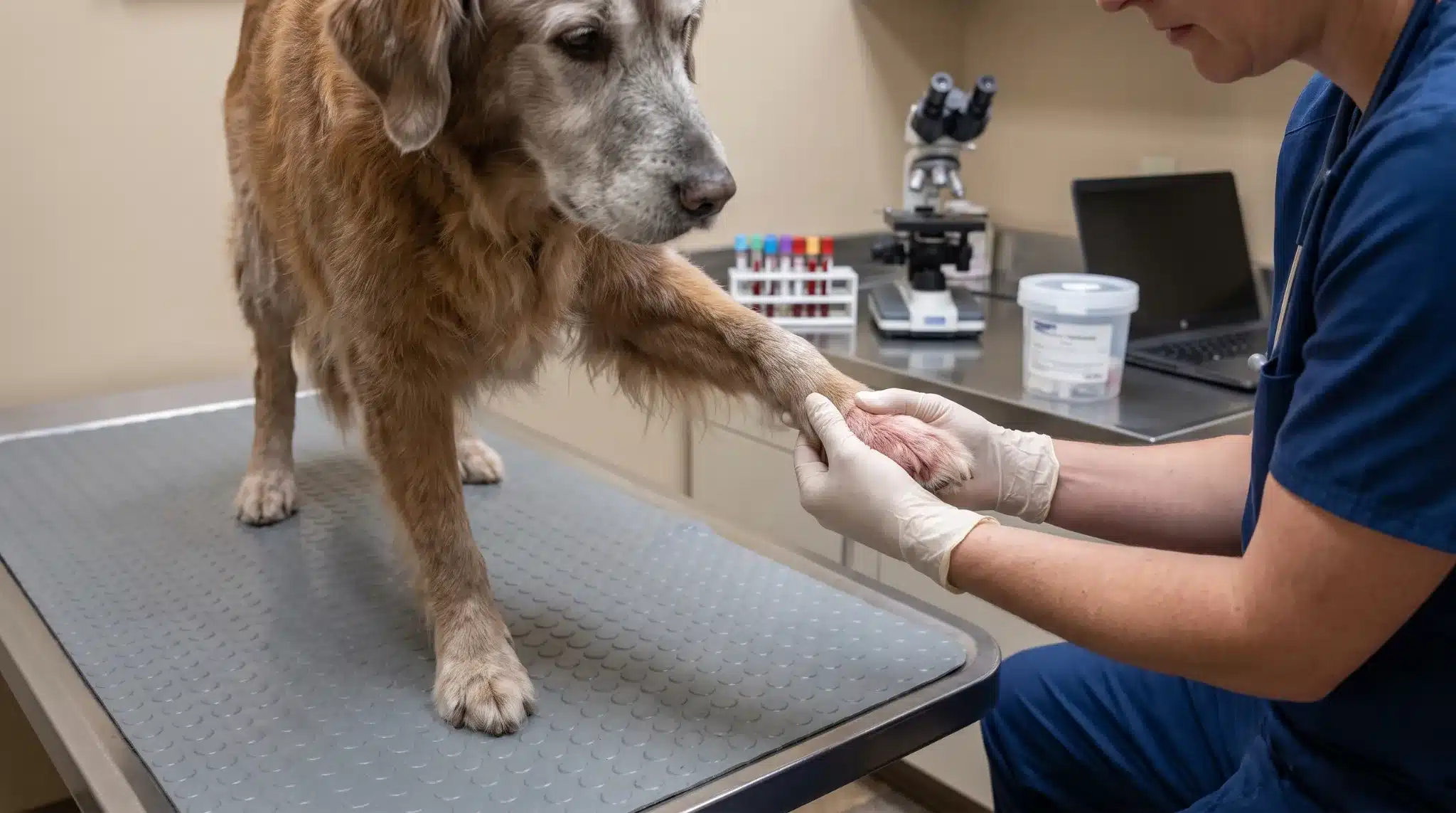 vet examining several inflamed dog paws while testing for deeper medical conditions