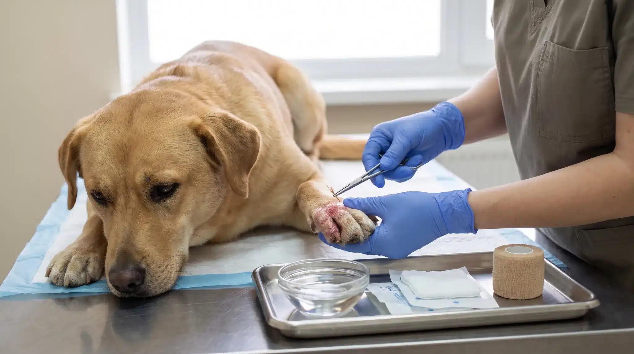 vet removing a grass awn from an injured dog paw with mild swelling between the toes