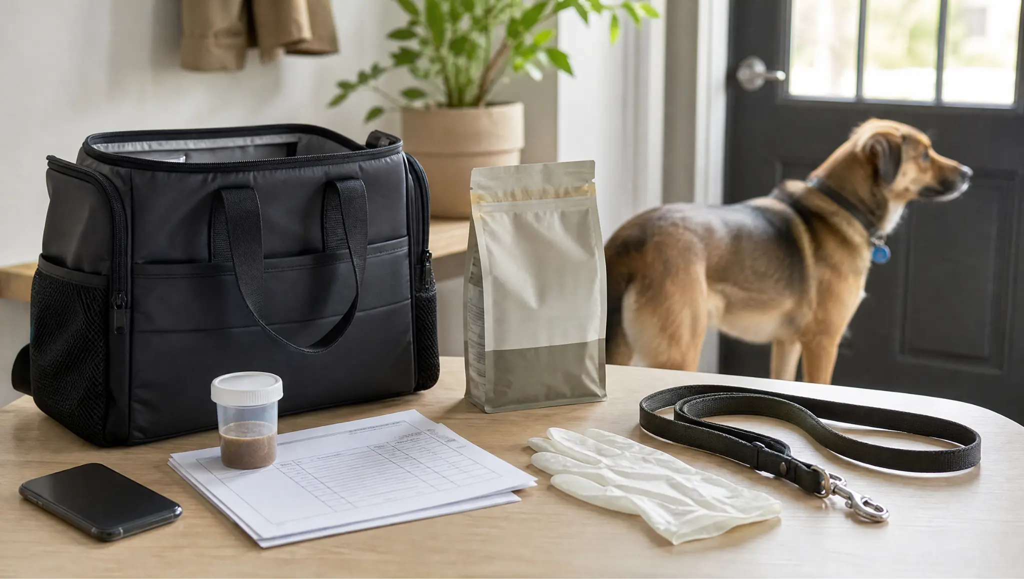vet visit bag with sample container records and leash for a dog with blood in stool