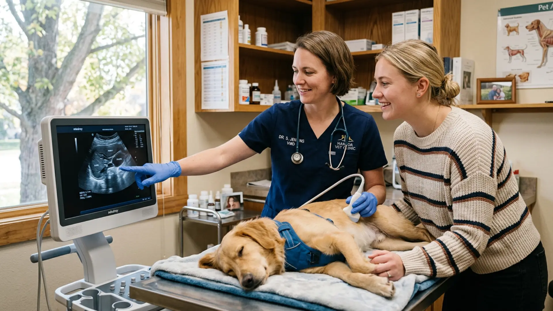 Vet and pet owner reviewing a dog's ultrasound scan results on a monitor