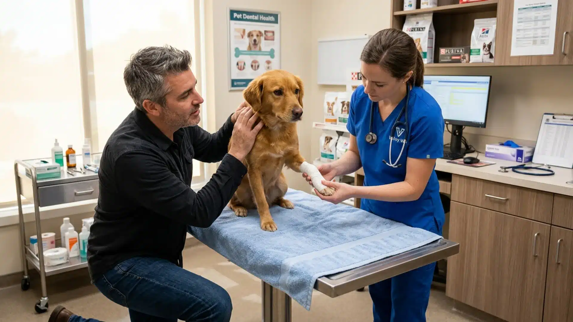 Veterinarian bandaging a dog's injured paw during a clinic visit