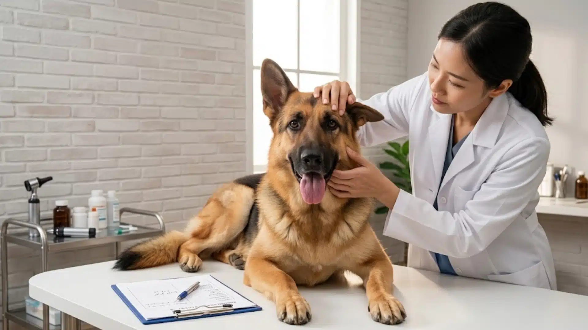 Veterinarian checking a German Shepherd's ear during a vestibular disease exam in a clinic