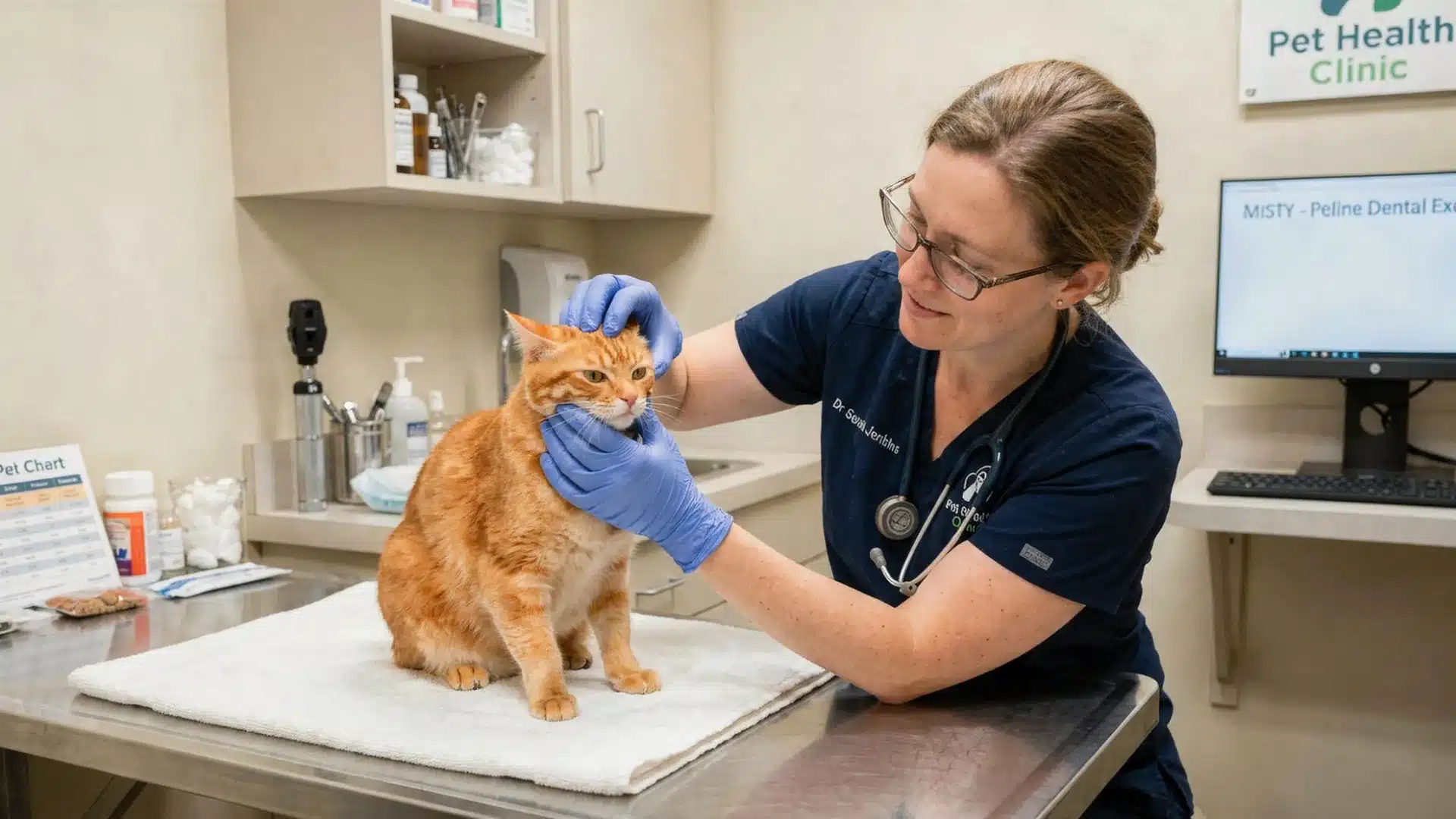 Veterinarian checking cat's gums during appetite loss exam